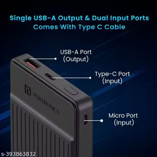 Portronics Luxcell B12 10,000mAh 12W Power Bank, Ultra Slim Power Bank with USB-A Output Port & Dual Input Ports (Micro & Type C) | BIS Certified | Free Type C Cable| Made in India(Black)